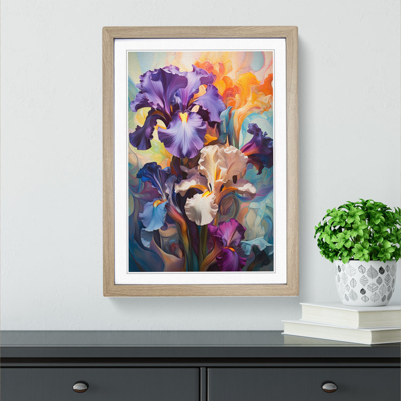 Iris Flower Contemporary No.2 - Single Picture Frame Print on Wood, Oak , 64cm H x 46cm W x 2cm D