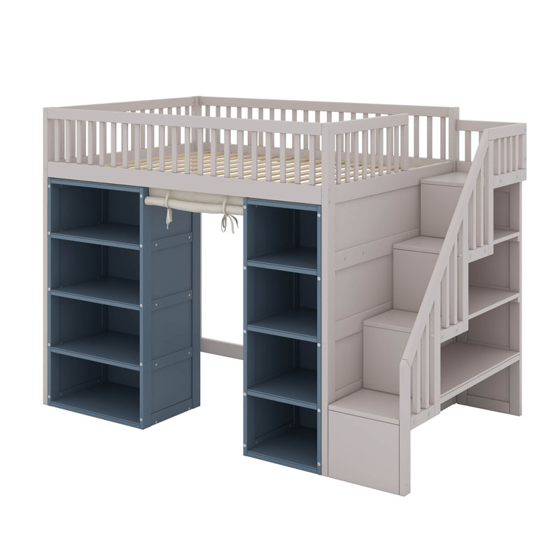 Lit mezzanine double avec armoires et rideau