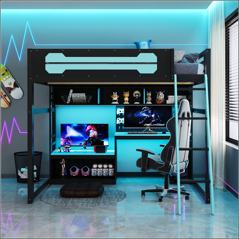 Lit mezzanine double en bois avec bureau, tablettes, lumières DEL, ports USB et panneau perforé, noir et bleu