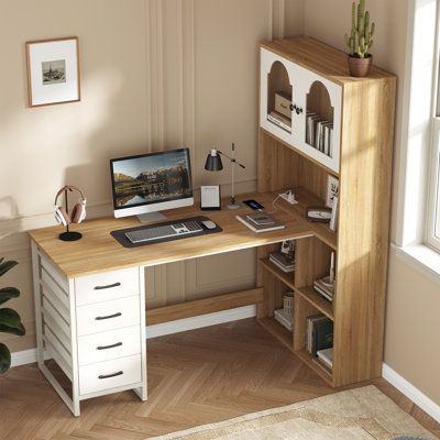 Computer Desk With Tall Bookshelf, L Shaped Desk With Drawers & Led Lights Power Outlets,Corner Desk With File Cabinet,Home Office Gaming Desk,52''X31.5''X'63'' White&Oak