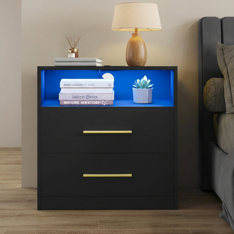 Nightstand With Charging Station, Led Lights,  2 Ac Outlets Usb Ports, Black