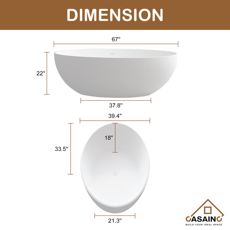 Monaco 67 inch White Big Freestanding Stone Solid Surface Bathtub