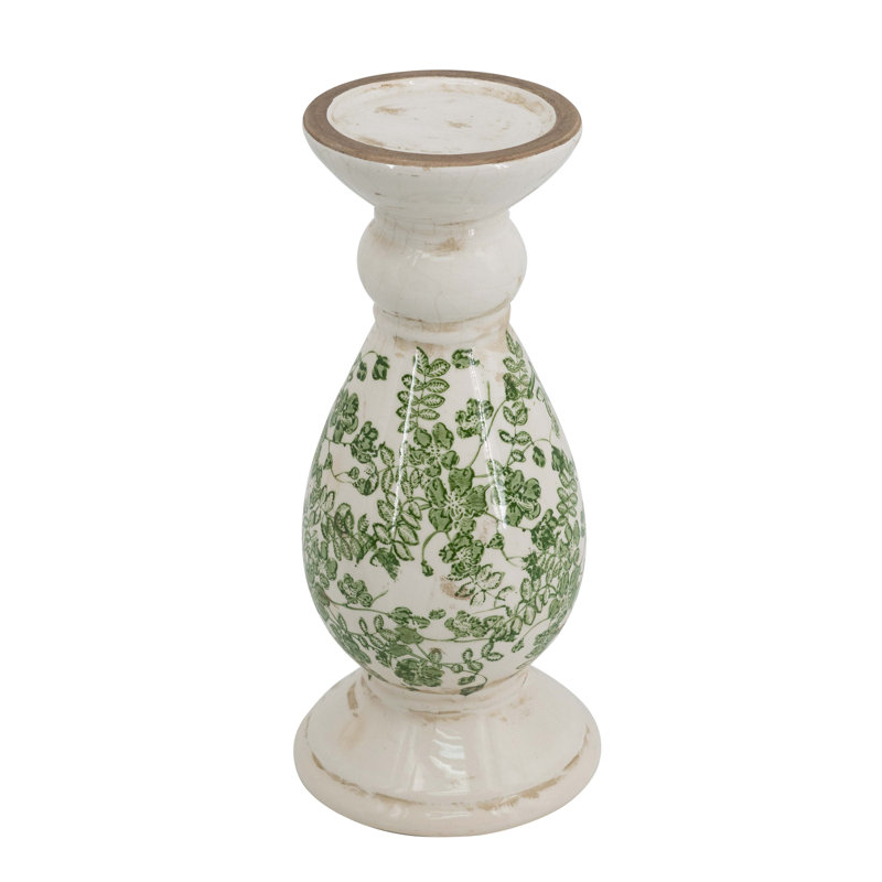 White Ceramic Candle Holder With Green Floral Patterns, Large, 12.4" H x 5.3" W x 5.3" D