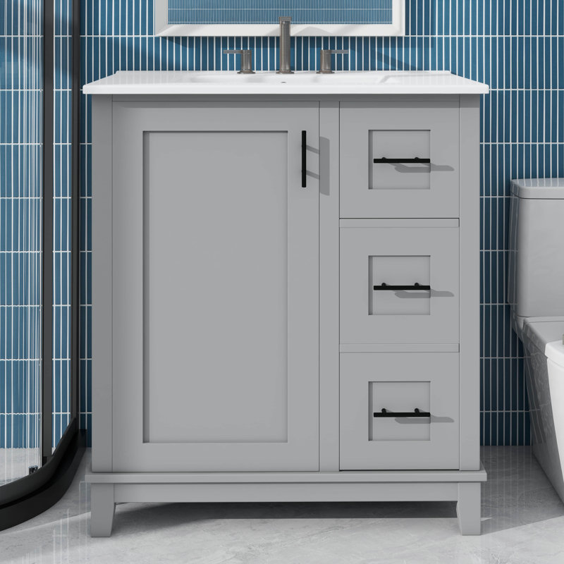 Le meuble-lavabo de 30 pouces est livré avec un lavabo en céramique et deux supports de rangement à une porte, Gris