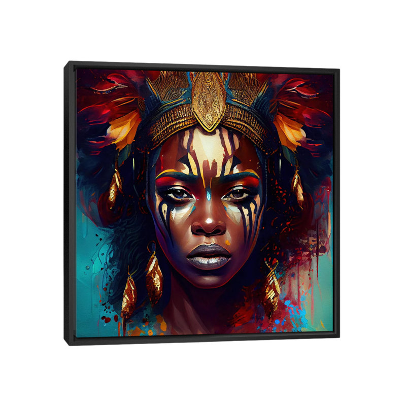Femme de guerre puissante d'Afrique III, Toile avec cadre flottant noir, H 37 po x l 37 po x P 1,5 po