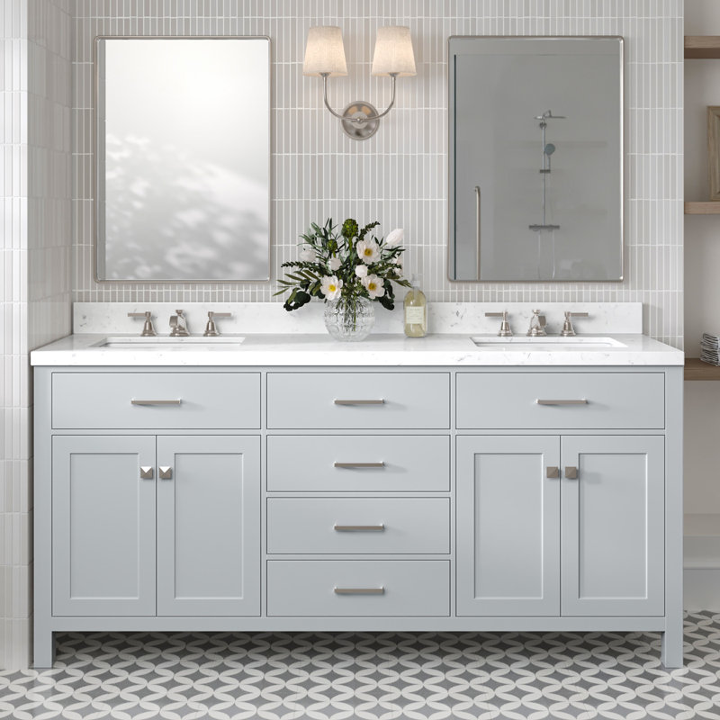 2_ARIEL Bristol 72 Double Sink Bathroom Vanity with Carrara White Quartz, Gray, Rectangle, 72"