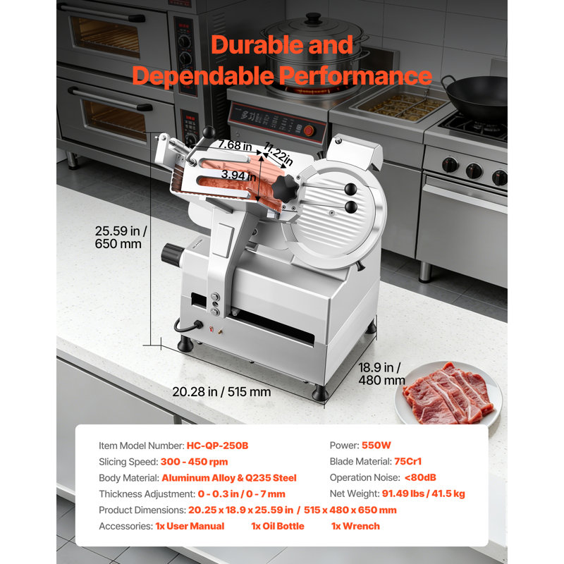 Trancheuse à viande entièrement automatique, trancheuse commerciale de 180 W + 370 W avec lame en acier au carbone de 10 po, affûteur intégré et épaisseur ajustable de 0 à 0,3 po pour la viande congelée, le jambon, le baguett et le steak
