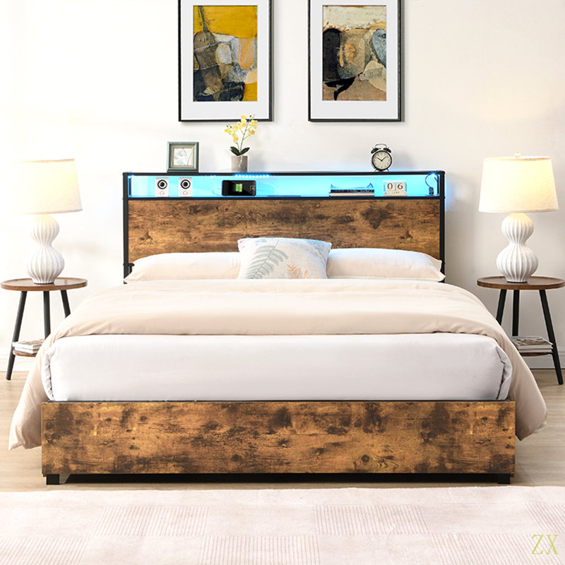 Queen Bed Frame, Storage Headboard With Charging Station, Solid And Stable, Noise Free, No Box Spring Needed, Easy Assembly