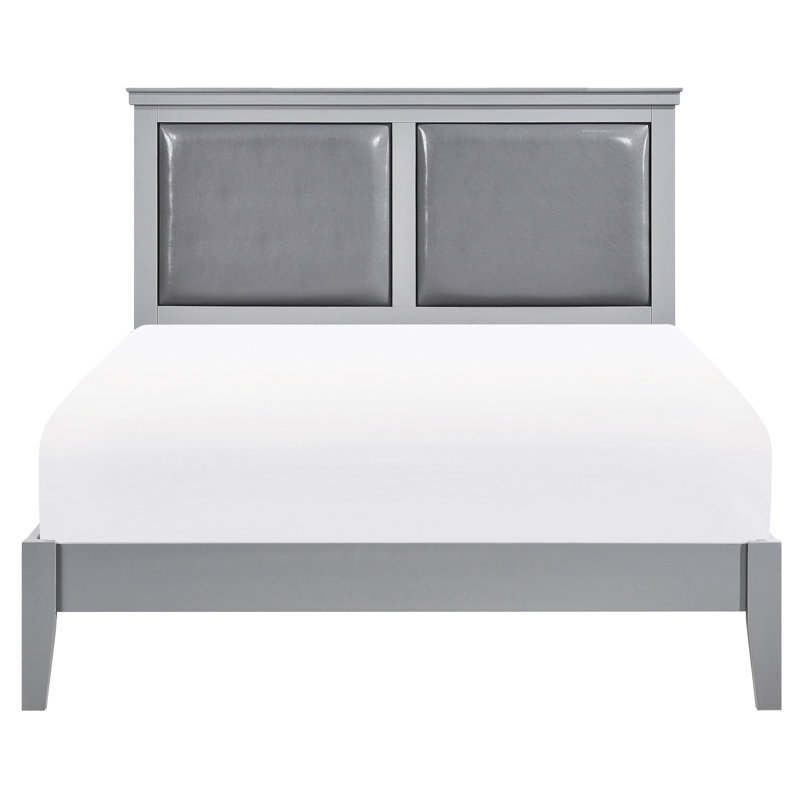 Grand lit à panneau gris avec pièces en tissu d'ameublement et tête de lit, Grand lit