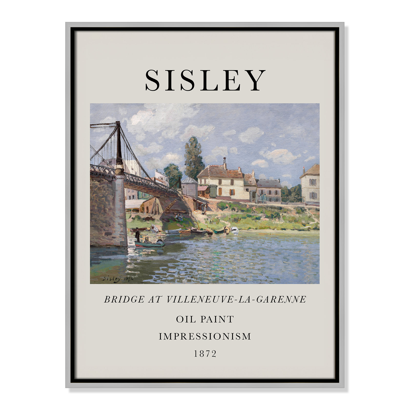 Old Masters Collection " The Bridge At Villeneuve " by Alfred Sisley, No, 25.5" H x 19.5" W x 2" D, Silver Floater Frame