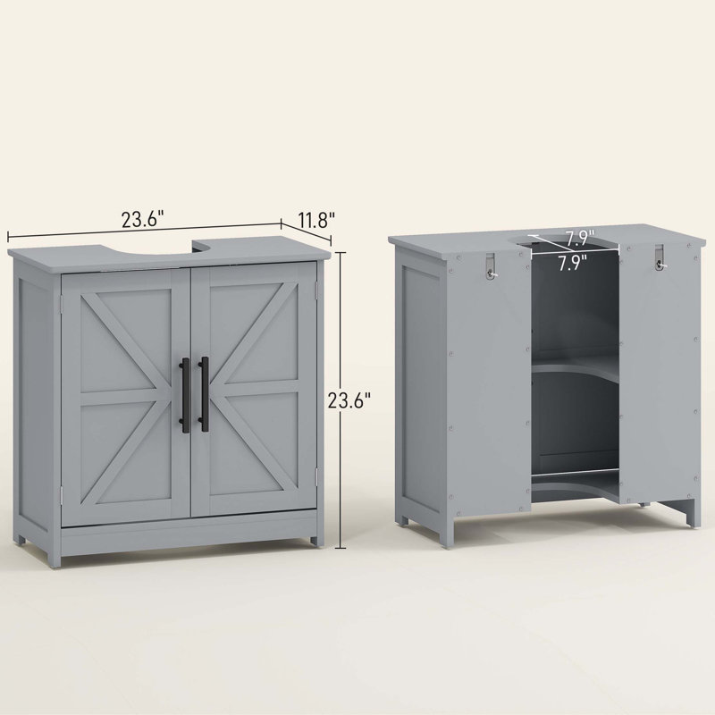 Armoire de rangement à piédestal, lavabo de salle de bain avec 2 portes de grange et tablette réglable (sans lavabo)