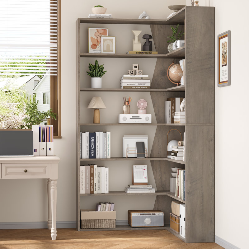 75" H Corner Bookcase 6 Tier Tall L-Shaped Bookshelf Display Rack Wood Storage Shelf For Office Bedroom, Gray