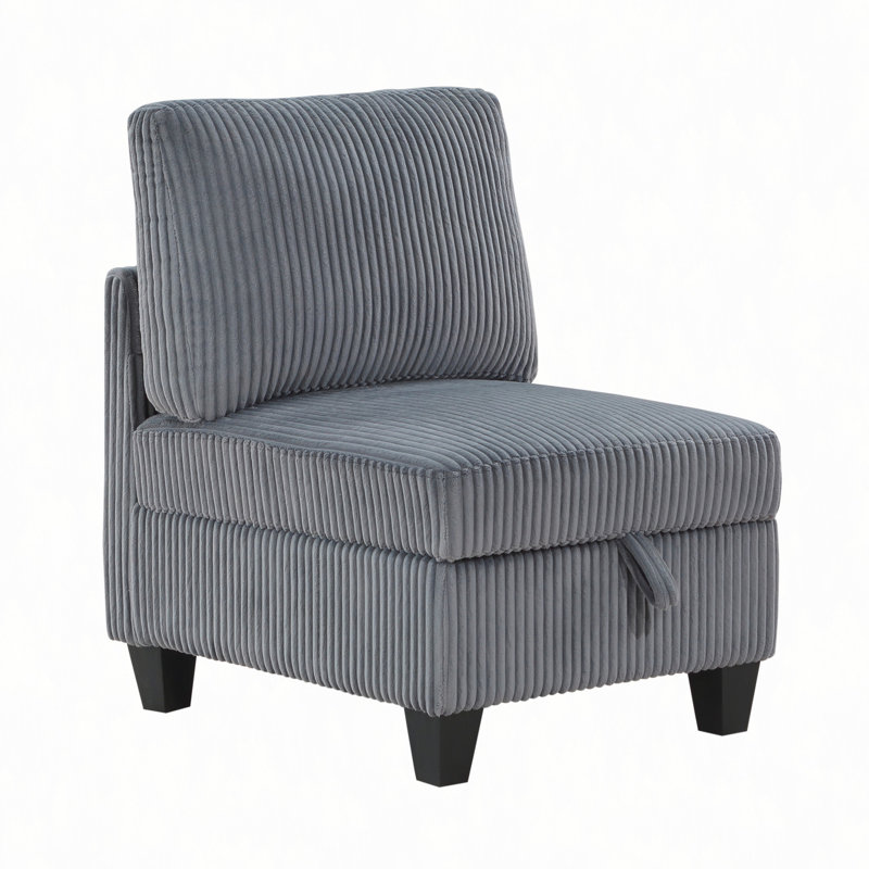 Chaise moderne sans accoudoirs avec rangement caché et tissu velours côtelé, parfaite pour les sièges polyvalents et élégants.