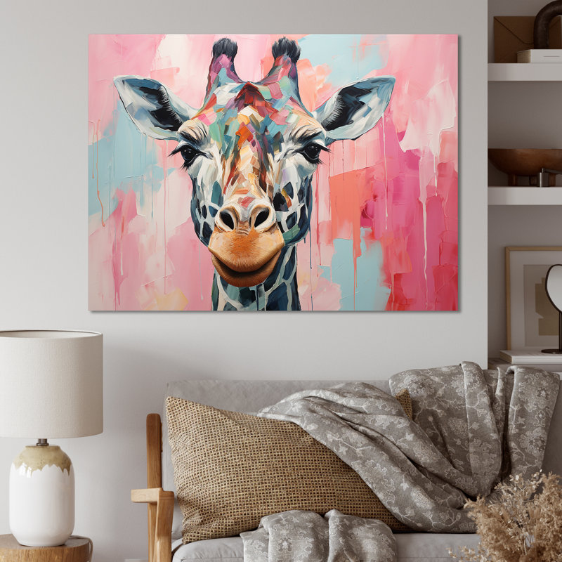 Portrait de girafe brune et rose - art mural girafe, Toile tendue, H 16 po x l 32 po x P 1 po