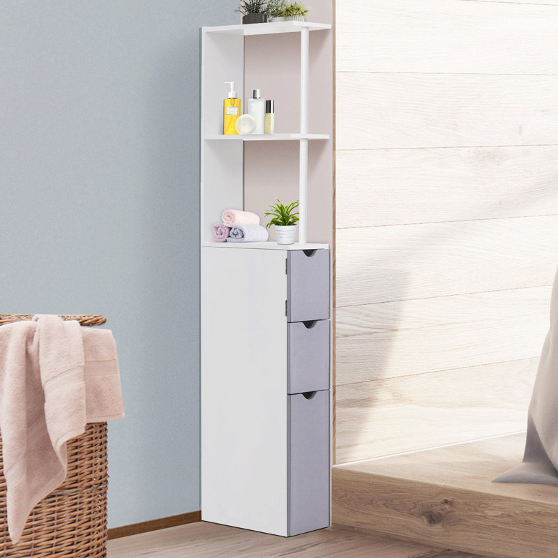 Armoire tour en lin de 54 po de hauteur - rangement de salle de bain avec 2 tablettes et tiroirs, étagère de rangement blanche à niveaux, organisateur de plancher étroit pour les fournitures