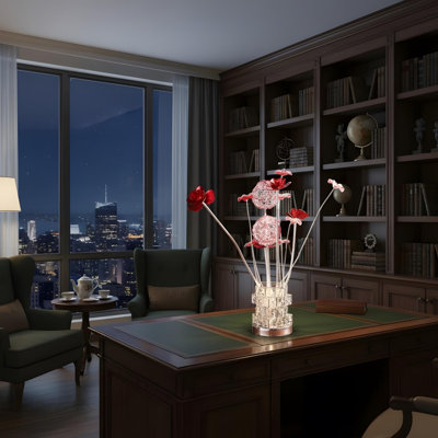 Aluminum 4-red rose 6-petal floral design with 2 red/silver buds in a 4-sided modern hexagonal chrome vase lamp, suitable for living room, bedroom nightstand, LED lighting