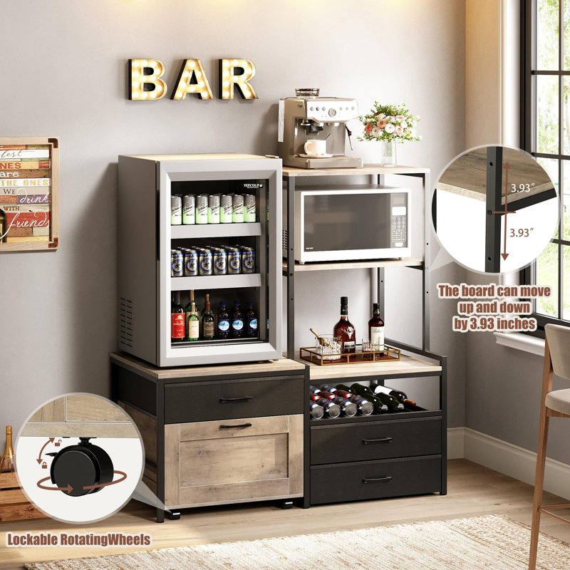 Mini Fridge Stand with Wine Rack & Outlet, Griege