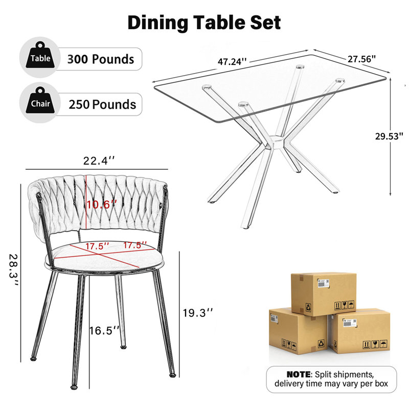 Rectangle Pedestal Dining Set with Modern Weaven Velvet Dininig Chair, 5 Pieces: Table, 4 Chairs, Gray, Gold