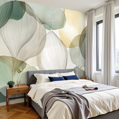 Papier peint adhésif pelez et collez, abstrait, vert botanique, beige, jaune, teintes murales, H 100 po x l 144 po, amovible, papier peint mural en PVC, autocollant, pour chambre à coucher, salon, bureau à domicile, salle de bain, chambre de bébé