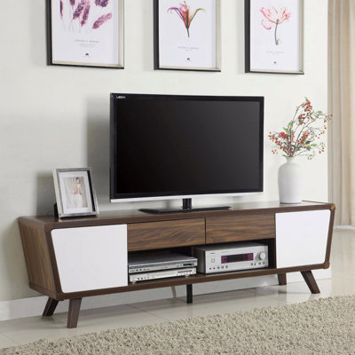 Tv Console In Dark Walnut And Glossy White - Mid-century Modern Flair, Fits 70" Tv, Ample Storage Available & Bureau For Boasts Capacity