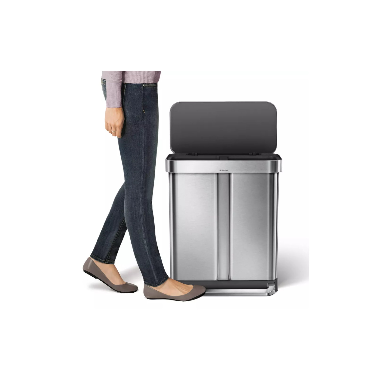 Simplehuman 58L / 15.3 Gallon Hands-Free Dual Compartment Recycling Kitchen Step Trash Can with Lid, Stainless Steel/Black