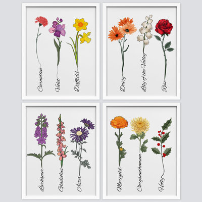 Collection de fleurs florales botaniques avec noms encadrés sur papier, impression de 4 pièces