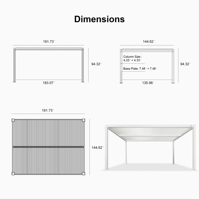 Aluminum Pergola with Roller Shade, 1 Long Side and 1 Short Side, White, 16' x 12'