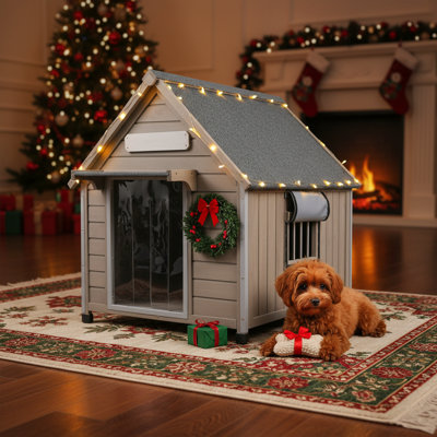 Outdoor Dog House, Wooden Dog Kennel with Raised Feet, Gray