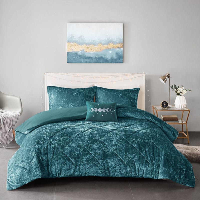Housse de couette en velours froissé très grand / très grand - bleu sarcelle avec coussin élégant pour la chambre à coucher