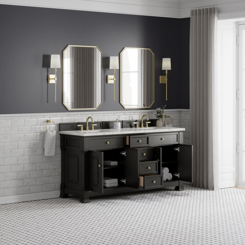 Brookfield 72"W Double Vanity W/ Freepower Wireless Charger, Eternal Jasmine Pearl, Black Onyx