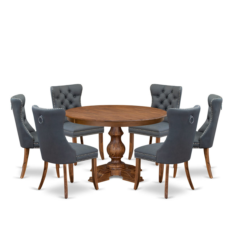 Ensemble de table de salle à manger 7 pièces de style Mid-Century comprenant une table de cuisine et 6 chaises de salle à manger en tissu de polyester gris platine avec dossier capitonné - Finition noyer antique
