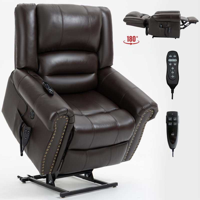 Dual Motor Infinite Position Heat Massage Power Lift Recliner Chair with USB Ports, Brown Genuine Leather