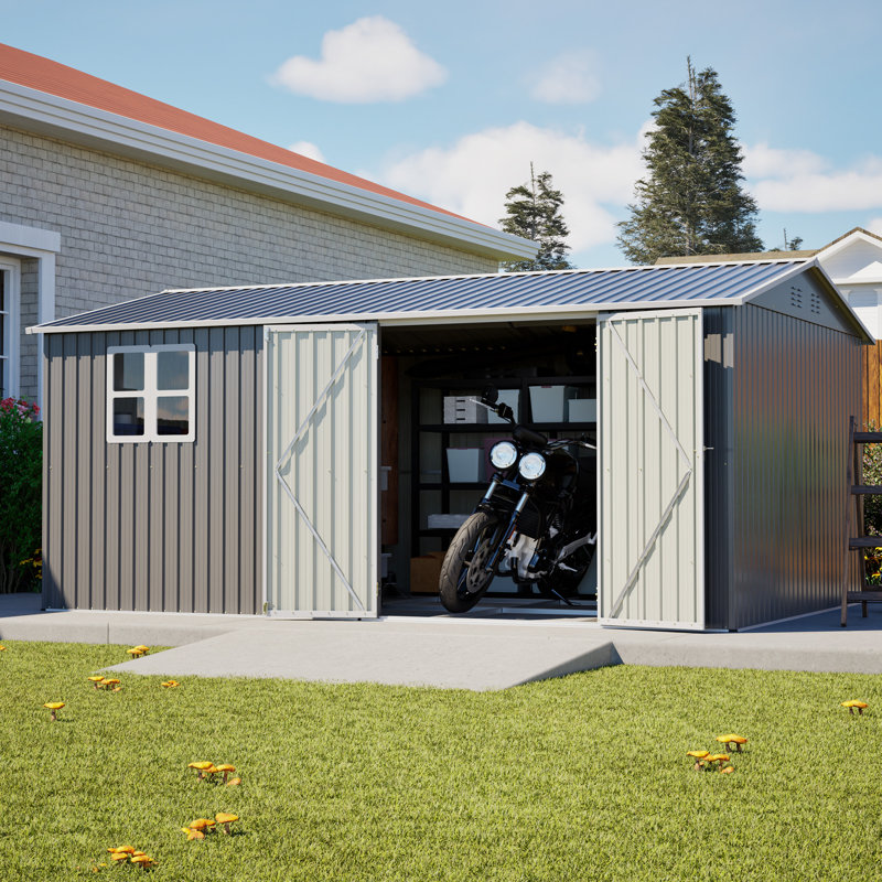 Grande remise extérieure en métal 14 x 10 pi avec rangement pour fenêtre et cadre de jardin transparent et porte latérale
