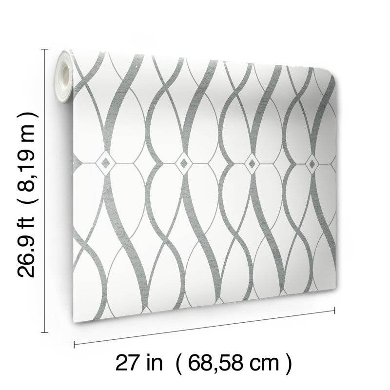 Graceful Geo Geometric Metallic Wallpaper Roll, White/Silver