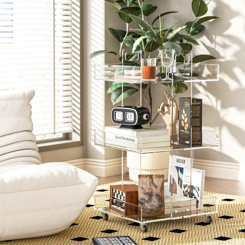 3 Tiers Acrylic End Table Side Table Storage Cart with Wheels for for Bedroom Living Room, 27" H x 16" W x 13" D