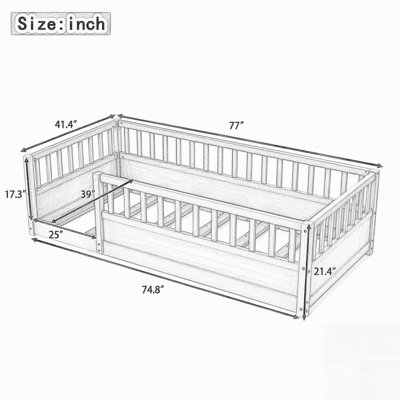 Montessori Wooden Floor Bed with High Security Barrier and Door
