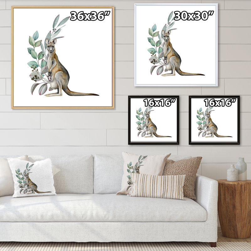 Kangourou avec feuilles d'eucalyptus - Peinture sur toile, H 30 po x l 30 po x P 1 po, Cadre flottant noir