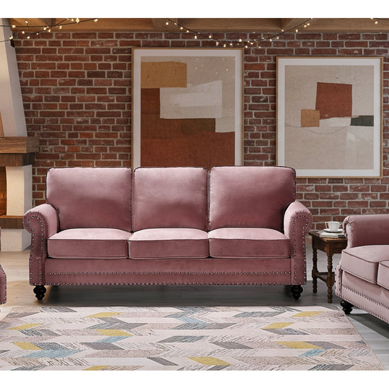 Canapé en velours traditionnel avec garniture cloutée et pieds en bois massif, L 61,42 po, Velours rose, Black
