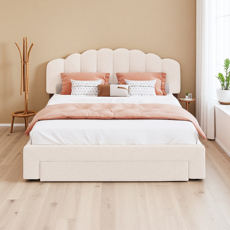 Teddy Fleece Queen Size Upholstered Platform Bed With Drawer, Beige