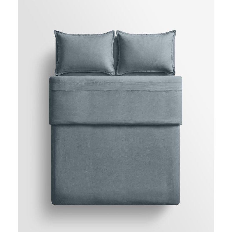 Stone Washed Linen Duvet Cover, Queen Duvet Cover + 2 Queen Shams, Gray Blue