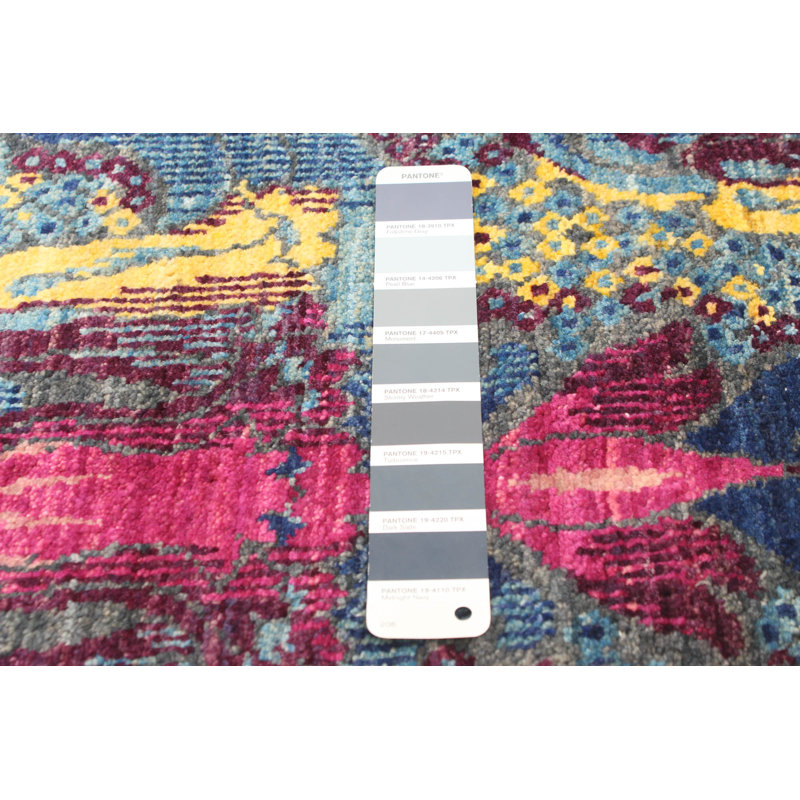 Tapis carré bleu / rose / jaune en laine noué à la main de conception unique nouvel âge Lahore 4 pi 2 po Azella