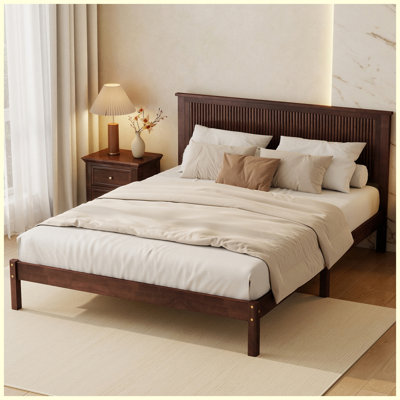 Queen Size Solid Rubber Wood  with Headboard Walnut
