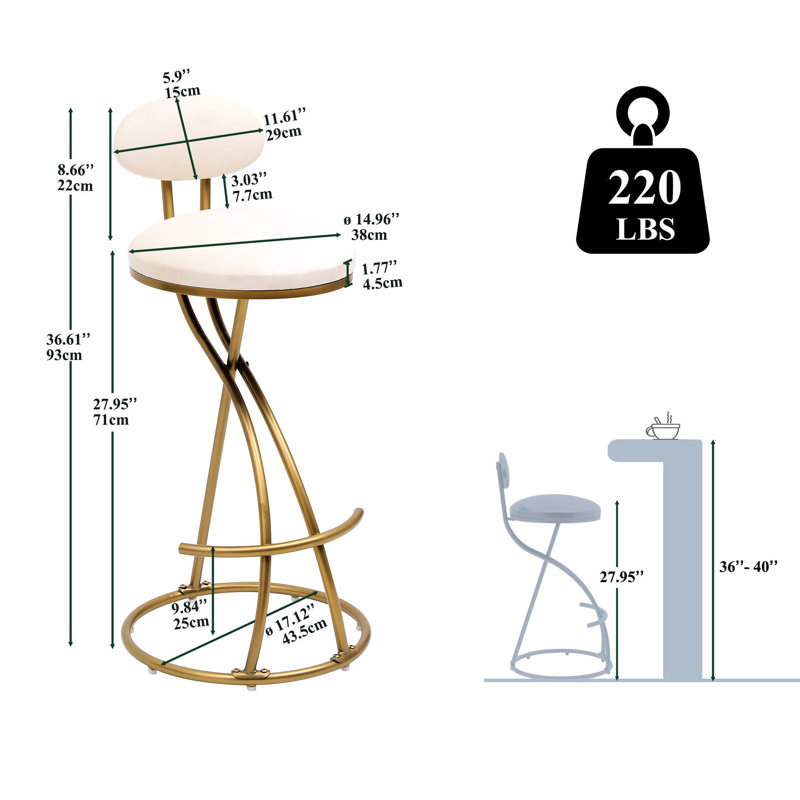 2 tabourets d'îlot de cuisine, velours blanc crème, structure en métal doré, poids maximal de 220 lb, chaises de bar Home Construction, siège en velours, siège d'une hauteur de 27,95 po, pour les cafés
