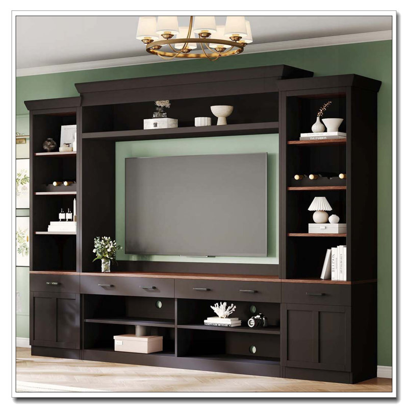 4-Piece Entertainment Center with Bookshelf for TVs Up to 70", Black + Dark Walnut