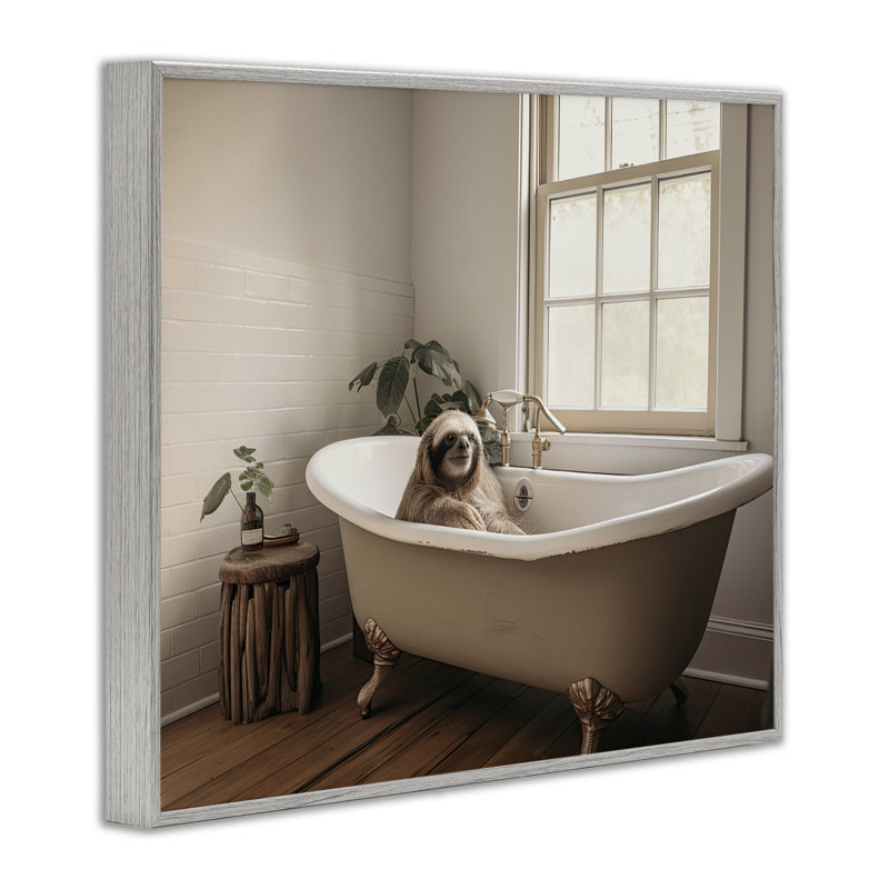 Soft Sloth Bath Time Framed Giclee, design by Sasha, Farmhouse Gray Framed Giclee, 11'' H x 14'' W