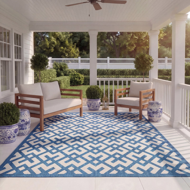 Arneshia Geometric Navy/Beige Indoor/Outdoor Area Rug, Rectangle 8' x 11'