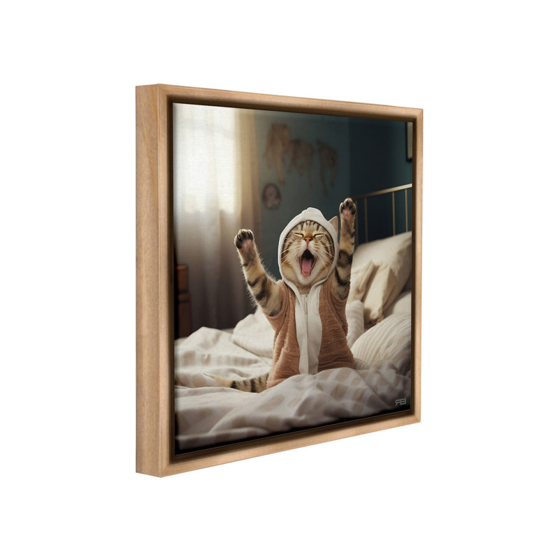 " Yawning Cat In Bed " by RB, Montalcino Elm Floater Frame, 25" H x 25" W