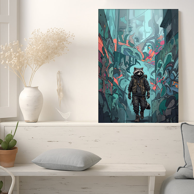 Raton laveur portant un équipement tactique dans une allée graffiti, 30"H x 20"W