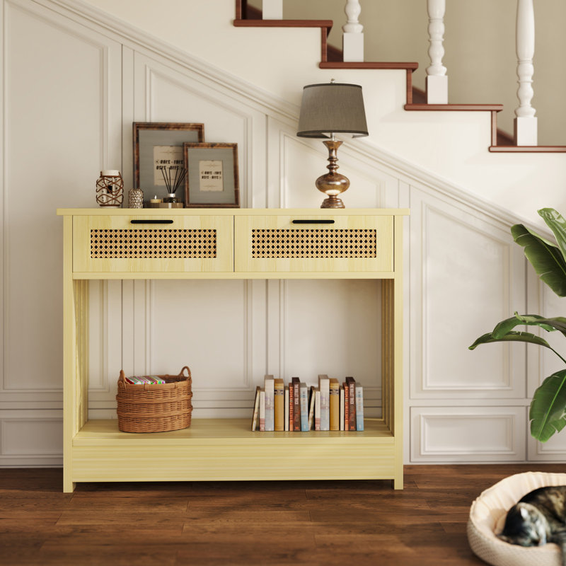 Wood 39" Boho Console Table for Entryway, Behind Sofa Table with Rattan Drawers, Natural