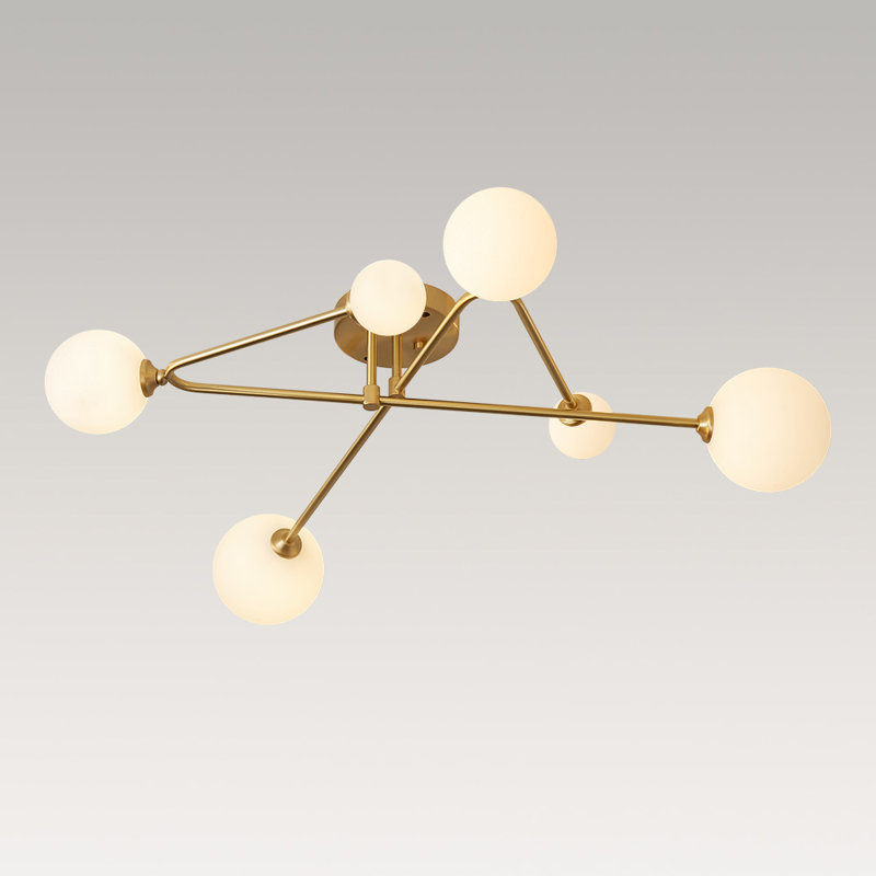 6 - Light Sputnik Glass Globe Linear Semi Flush Mount , Gold